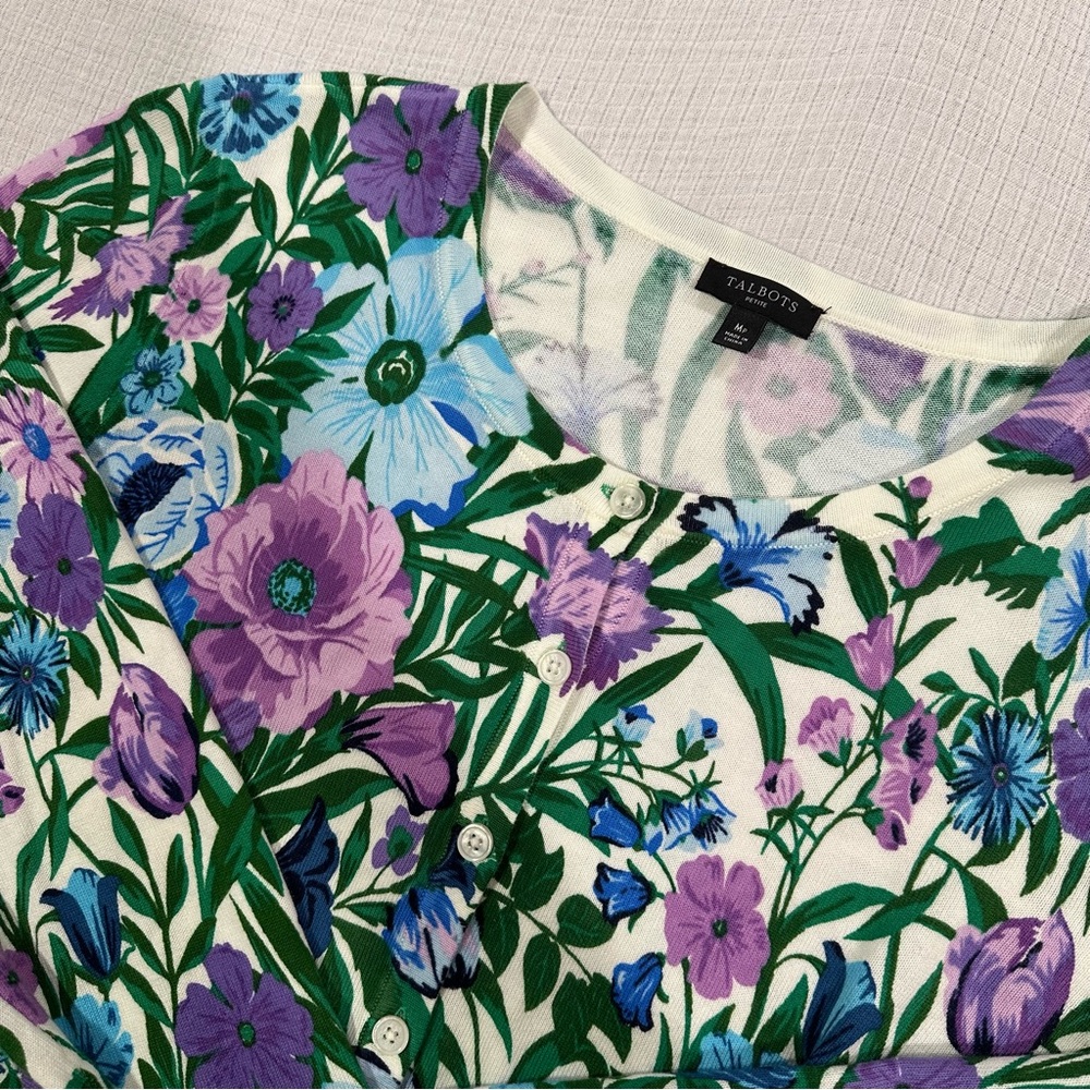 Talbots Floral Long Button Down Cardigan Size M Petite • Blue Green Purple Cream